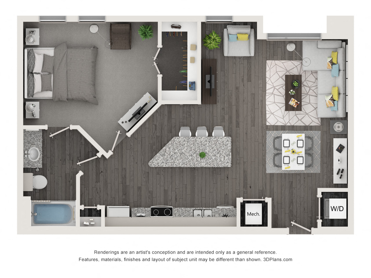 Floor plan for 1 bed, 1 bath, 844 sqft